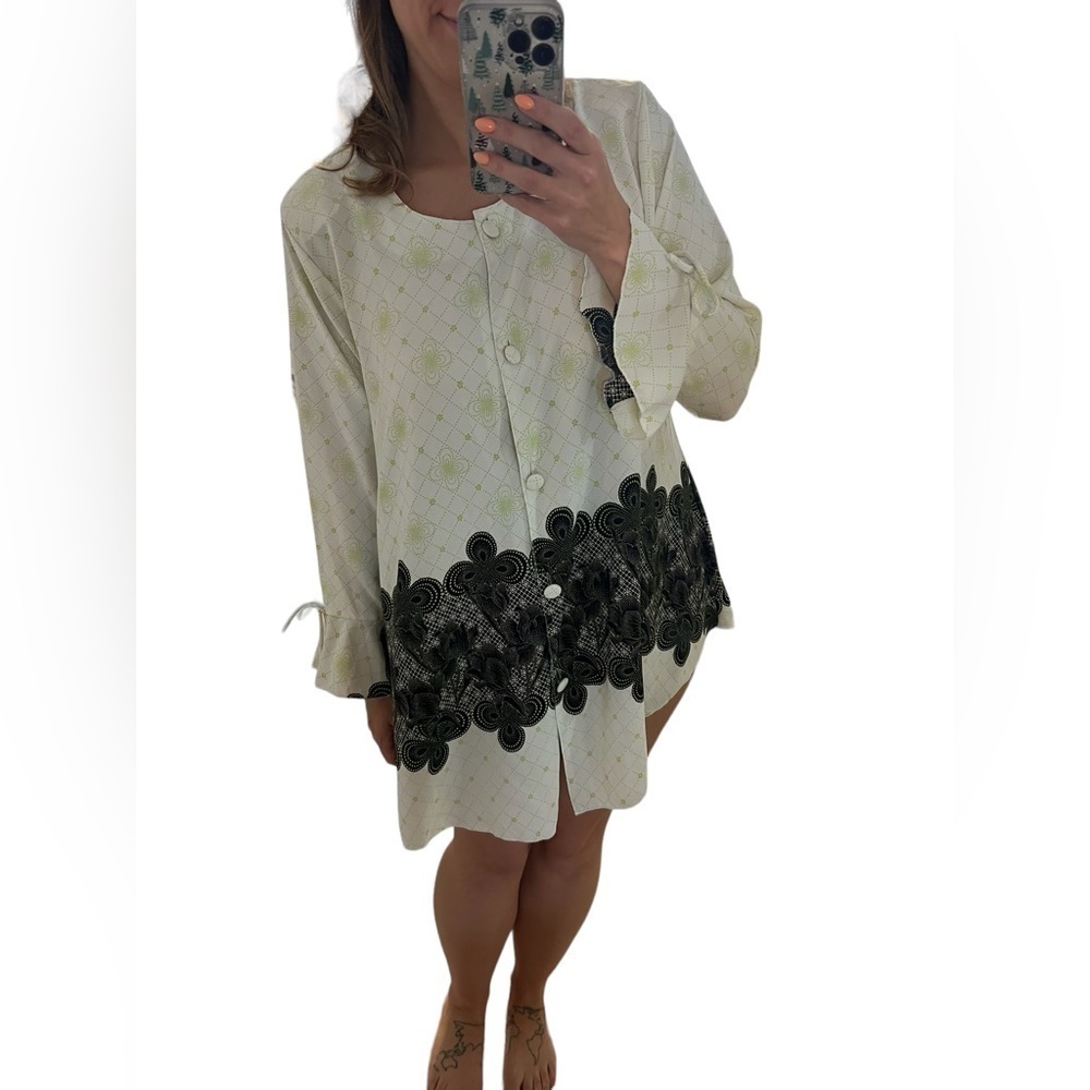 Mini Dress Shirt with Black Lace Border - Cream/Black